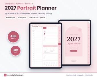 2027 Portrait Digital Planner, Pink GoodNotes Planner, Notability Planner, Self Care Planner, Hyperlinked iPad Planner, Sunday Start