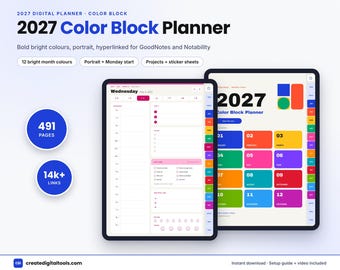 2027 Colorful Digital Planner, Bright Color Block GoodNotes Planner, Portrait iPad Planner, Notability Hyperlinked, Stickers