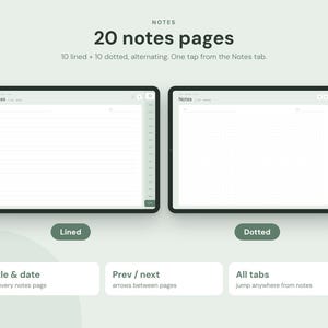 Op de afbeelding: Twee digitale tabletschermen met notitie-sjablonen. Het linkerscherm toont een gelinieerde pagina, het rechterscherm een pagina met stippen. Tekst: 20 notes pages, 10 lined + 10 dotted, alternating. One tap from the Notes tab. Title & date, Prev / next, All tabs.