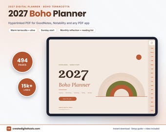 2027 Boho Digital Planner, Terracotta GoodNotes Planner, Notability Planner, Hyperlinked iPad Planner, Sunday Start, Reading Log