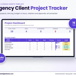 Könnte beinhalten: Eine digitale Projektverfolgungsvorlage für Excel und Google Sheets auf einem Laptop-Bildschirm. Das Dashboard zeigt eine Projektzusammenfassung mit Aufgabenanzahl, Status und Gesundheitsmetriken für Kundenprojekte wie SEO und Kampagnen.