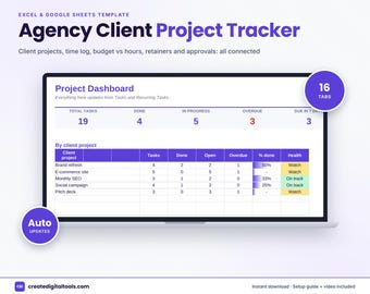 Agency Project Tracker, Client Project Management Spreadsheet, Google Sheets Excel, Time Tracker, Billable Hours, Client Approvals