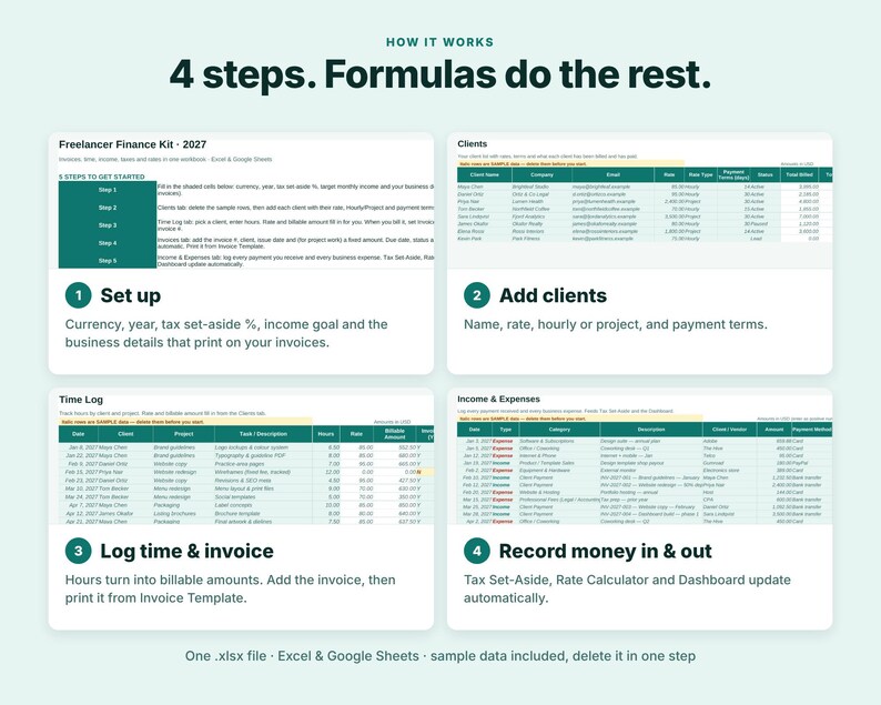 Freelancer Spreadsheet, Invoice Tracker, Time Tracker, Freelance Income Tax Planner, Excel Google Sheets, Rate Calculator, Small Business image 11