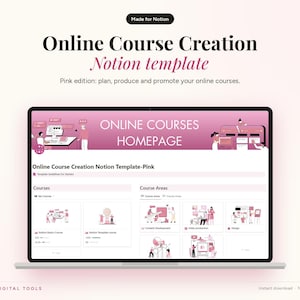 May include: A digital Notion template for online course creation displayed on a laptop screen. The interface features a pink color scheme with sections for courses and course areas, including illustrations of people working on digital content.