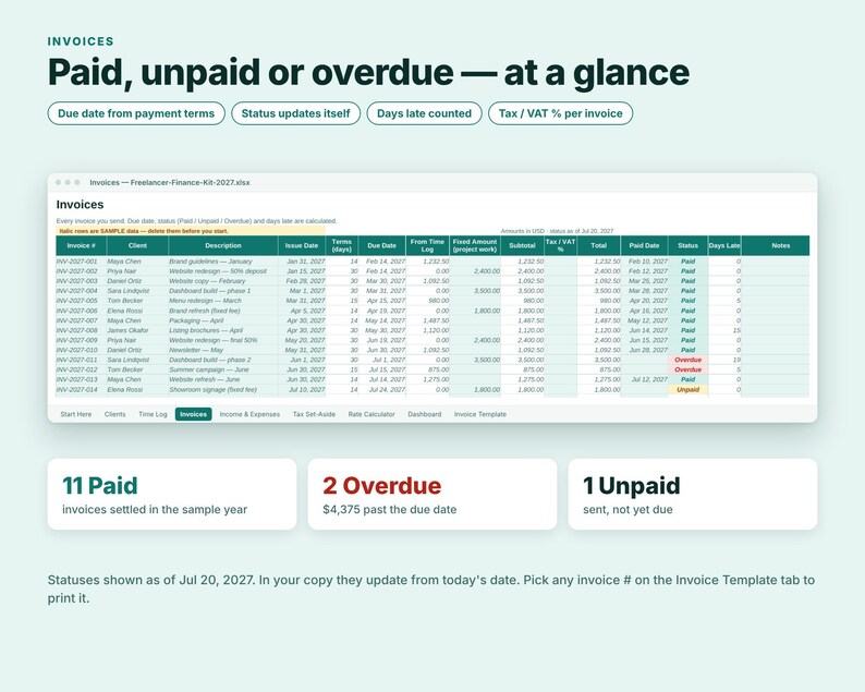 Freelancer Spreadsheet, Invoice Tracker, Time Tracker, Freelance Income Tax Planner, Excel Google Sheets, Rate Calculator, Small Business image 8