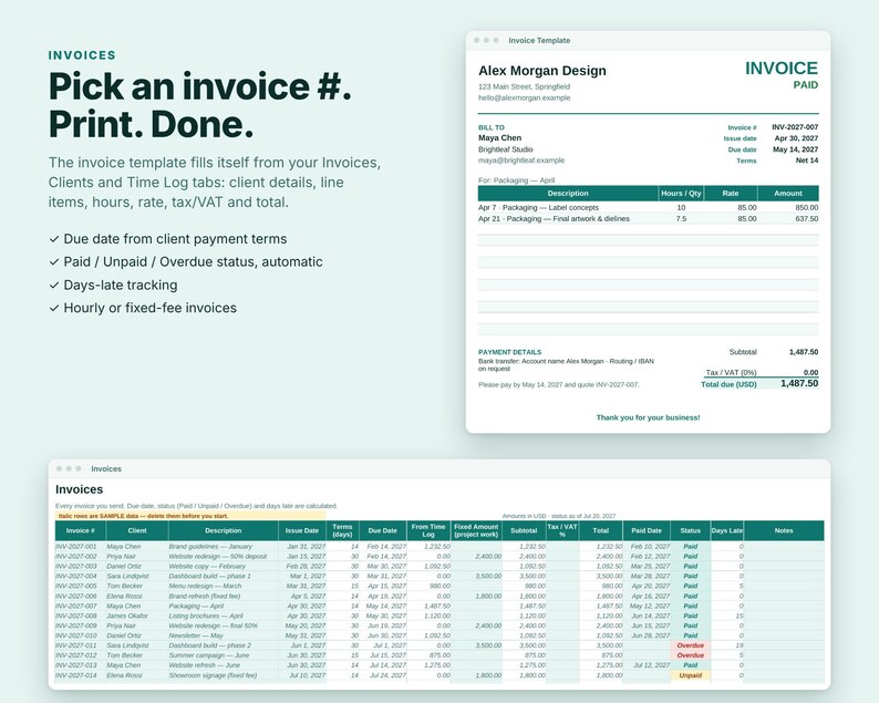 Freelancer Spreadsheet, Invoice Tracker, Time Tracker, Freelance Income Tax Planner, Excel Google Sheets, Rate Calculator, Small Business image 3