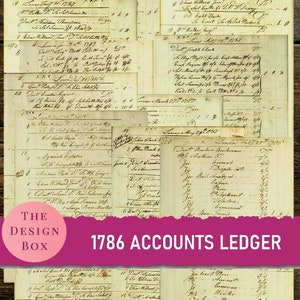 1786 boekhouding, afdrukbare pagina's, vintage handgeschreven script, boekhouding, digitaal grootboekpapier, kortstondige apothekers, junkjournaal