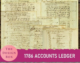 1786 Accounts Ledger, Printable Pages, Vintage Handwritten Script, Accounts papers, Digital Ledger paper, Apothecary Ephemera, Junk journal