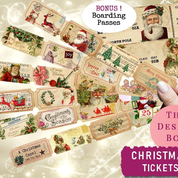 Christmas Tickets, +Bonus, Printable, Ephemera, Junk Journal, Santa, Collage Sheet, Digi Kit, Vintage, Ticket, Embellishment, Scrapbook