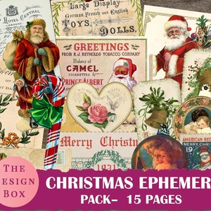 May include: A collection of vintage Christmas ephemera, including Santa Claus illustrations, greeting cards, and decorative elements. The design features a candy cane with a green bow, a heart-shaped card with a rose, and the text "Merry Christmas".