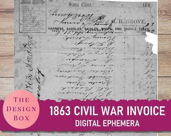 1863 American Civil War Malitia Invoice, Digital Ephemera, Handwritten invoice, Vintage invoice, Scrapbook, Junk journal ephemera, printable