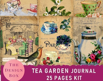 May include: A digital collage of vintage images featuring teacups, teapots, and floral designs. The collage includes text that says "Each cup of tea is a voyage of discovery", "Tea-Gardens", "Tea-Time", and "The Design Box Tea Garden Journal 25 Pages Kit".