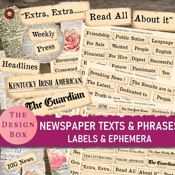 Newspaper Text Labels & Ephemera, Newsprint, Journalist Digital Labels, Planner Stickers, Text labels, Vintage Labels, Junk Journal Ephemera