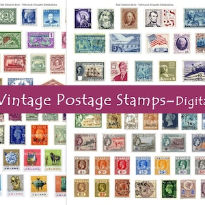95 sellos postales antiguos, imágenes digitales, imprimibles de corte exigente, sellos postales, diario basura, efímera, collage, pegatina del planificador, pegatinas