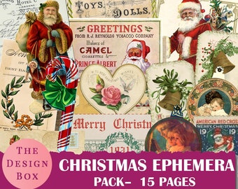 Paquete de 15 efímeras navideñas imprimibles, efímeras navideñas vintage, efímeras de diario basura, efímeras navideñas, hoja de collage navideño