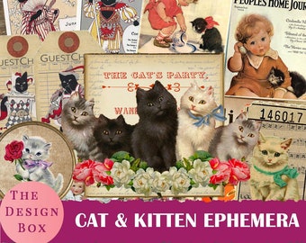 Puede incluir: Un collage de imágenes vintage con gatos y gatitos. Las imágenes incluyen portadas de revistas, ilustraciones y fotografías. Las imágenes están dispuestas en un patrón aleatorio y están rodeadas por un borde rosa con el texto "The Design Box Cat & Kitten Ephemera".