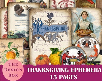 15 ThanksGiving Ephemera Pack, Printable, Thankful, Grateful, Fall, Autumn, Pumpkin, Harvest, Vintage Thanksgiving Ephemera, Thanksgiving