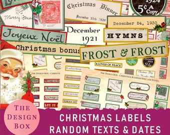 Christmas, Random Text & Dates, Printable Labels, Ephemera, Junk Journal, Santa, Collage Sheet, Vintage, Xmas, Embellishment, Scrapbook, Tag
