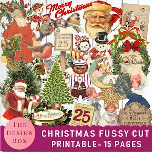 15 Christmas Fussy Cut, Printable Pages, Vintage Christmas. Christmas Collage, Vintage, Santa, Christmas Sticker, Printable Sticker, Cricut,