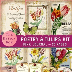 Poëzie en tulpen tijdschriftkit, 25 pagina's, afdrukbaar junkjournaal, vintage junkjournaal, Floral Junk Journal, botanische tijdschriftkit, kortstondig