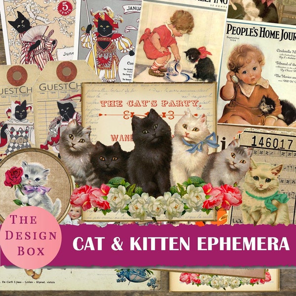 12 Cat & Kitten Ephemera Pack, Printable, Vintage Cat Ephemera, Junk Journal Ephemera, Cat Ephemera, Cat Fussy Cut, Cat Collage, Kittens