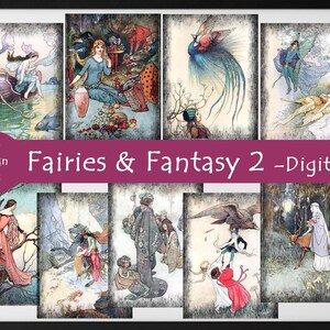 Pu&ograve; includere: Un collage di dieci immagini digitali con fate e scene fantasy. Le immagini sono in stile vintage e presentano fate, creature mitiche e paesaggi magici. Il titolo "Fairies & Fantasy 2 - Digital" &egrave; visualizzato nella parte superiore del collage.