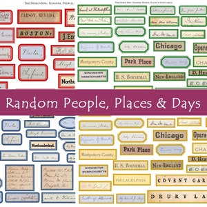 May include: A collection of vintage-style labels with handwritten text. The labels are in various colours, including red, green, blue, and yellow. The text on the labels includes place names, such as "Boston", "Chicago", and "Park Place", as well as personal names and phrases. The labels are perfect for scrapbooking, card making, and other craft projects.