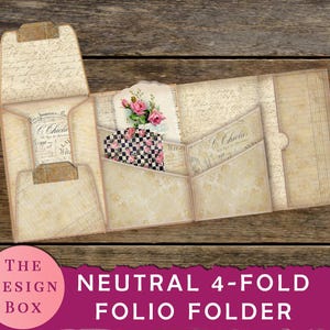 Neutraal 4-voudig folio, junkjournaal, vintage, neutraal opvouwbaar folio, pocketmap, afdrukbaar, foliokit, knutselset, digitaal folio, beige
