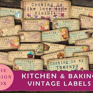 Mots de dictionnaire de cuisine et de cuisson, étiquettes de texte de cuisine, étiquettes aléatoires, autocollants de cuisson, étiquettes vintage, éphémères imprimables, imprimables, cuisinier