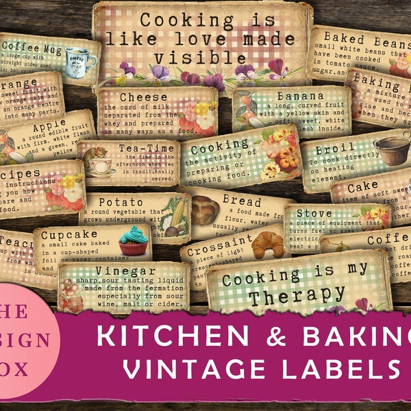 Kitchen & Baking Dictionary Words, Cooking Text Labels, Random Labels, Baking Stickers, Vintage Labels, Printable Ephemera, Printable, Cook