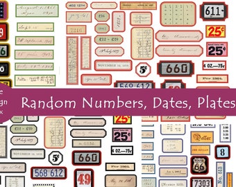 Può includere: Una collezione di etichette e targhe in stile vintage con vari numeri, date e testo. Le etichette sono in rosso, nero e bianco con un aspetto usurato. Le targhe sono di vari colori e hanno una varietà di design. Il testo include numeri, date e frasi come "dieci mila" e "Per il 1904."