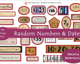 Random Numbers & Dates, Digital Number Labels, Number Stickers, Vintage Labels, Junk Journal Ephemera, Craft Supplies, Digital Ephemera.