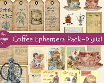Coffee Ephemera Pack, 15 Digital Pages, Coffee Ephemera, Coffee advert, Vintage Coffee Tags, Old Coffee Cards,  Scrapbook, Junk journal