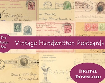 May include: A collection of vintage handwritten postcards with various stamps and markings. The postcards are in shades of cream, brown, and red. The text on the postcards reads "Vintage Handwritten Postcards" and "Digital Download".