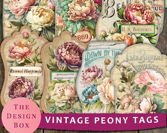 Vintage Peony Ephemera Tags, Peony Printables, Peony Labels, Peonies junk journal, Peony Ephemera, Shabby rose peonies, peonies digital, pdf