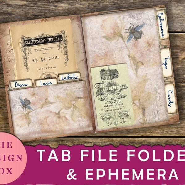 Tab File Folder, Junk Journal, Printable, Vintage, Pocket Folder, Folio Kit, Craft Kit, Digital Folio, Rose Folder, Junk Journal Insert, Tag