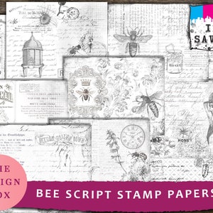 Bee Script、スタンプ用紙、印刷可能なスタンプ用紙、ジャンクジャーナル、デジタルペーパー、印刷可能、インク節約、フォリオ、黒、白、ニュートラル、デジタル