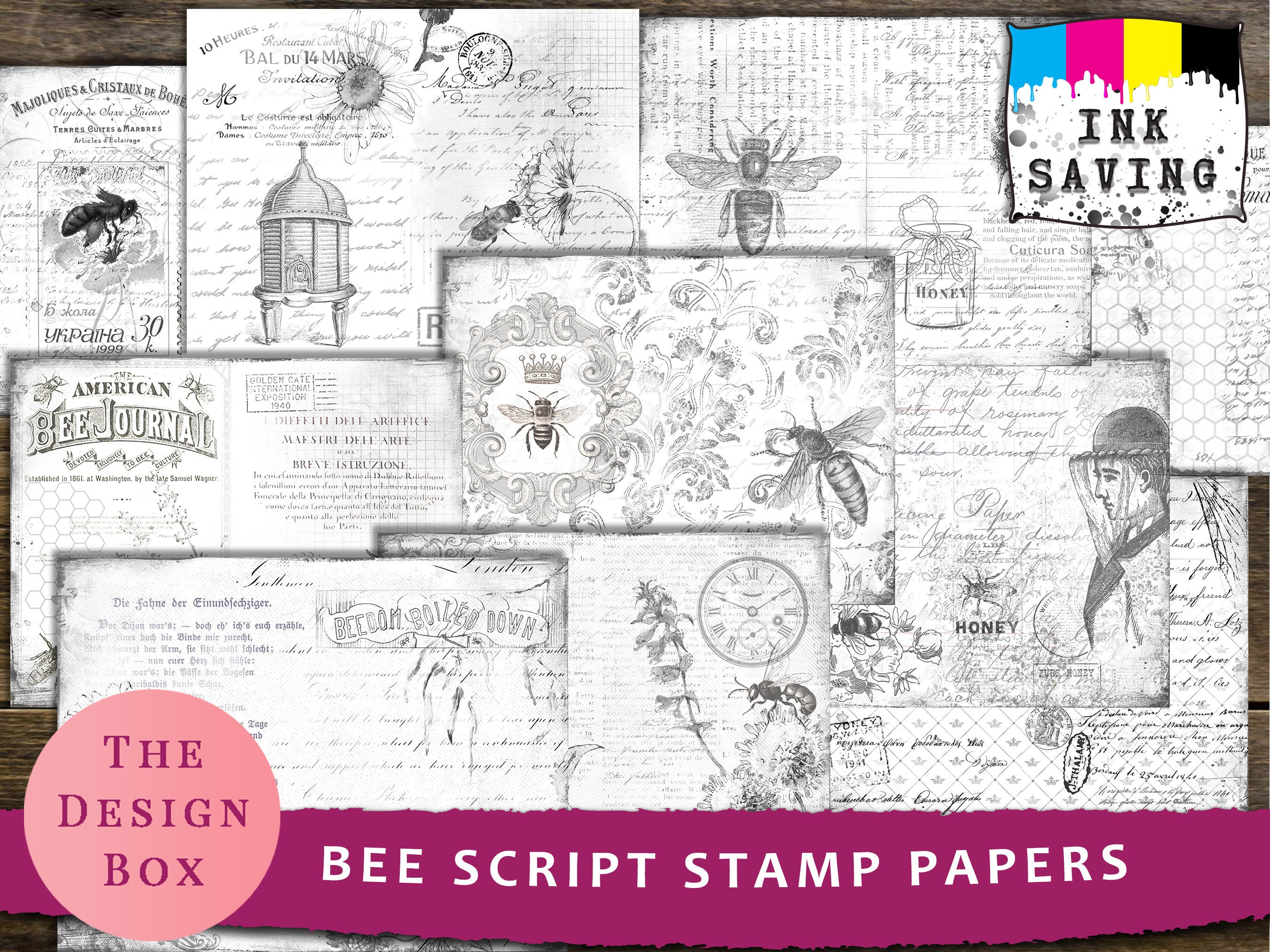 Bee Script, Stamp Papers, Printable Stamp Paper, Junk Journal, Digital ...