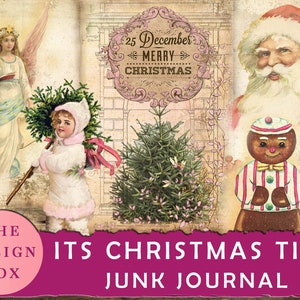 É tempo de Natal. Kit de diário de Natal vintage, diário de lixo para impressão, coisas efêmeras de Natal, diário de lixo, diário de Papai Noel. Etiquetas de Natal
