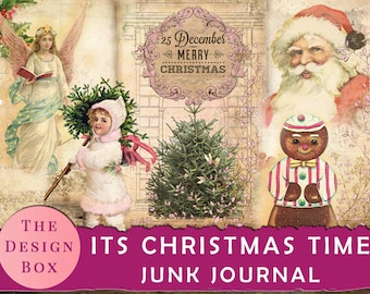 Könnte beinhalten: Eine Collage aus Vintage-Weihnachtsbildern, darunter ein Engel, ein Mädchen, das einen Weihnachtsbaum trägt, der Weihnachtsmann und ein Lebkuchenmann. Der Text "25. Dezember Frohe Weihnachten" und "Es ist Weihnachtszeit Junk Journal" ist ebenfalls enthalten.