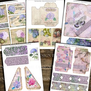 以下が含まれることがあります： 紫陽花、レース、蝶、花柄をフィーチャーした、印刷可能なデジタルスクラップブッキングキット。キットには、ユニークでパーソナライズされたスクラップブッキングページを作成するのに最適な、さまざまな形とサイズのペーパーエレメントが含まれています。