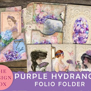 May include: Purple hydrangea floral design folio folder with a vintage aesthetic. The folder has six tabs and features images of hydrangeas, butterflies, and women in vintage clothing.
