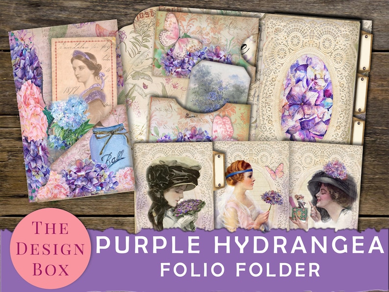 May include: Purple hydrangea floral design folio folder with a vintage aesthetic. The folder has six tabs and features images of hydrangeas, butterflies, and women in vintage clothing.