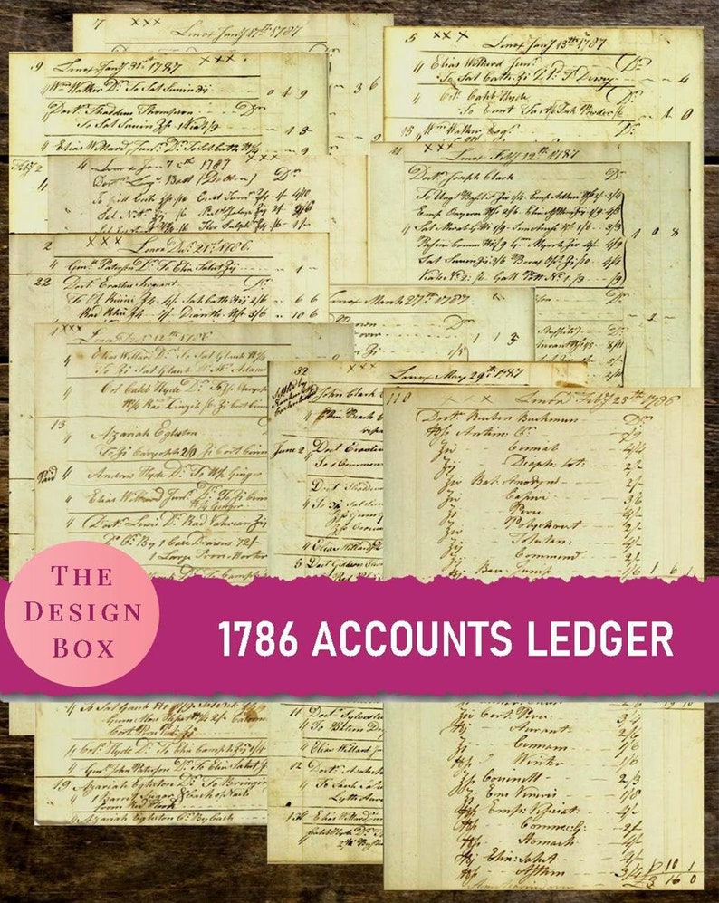 May include: A vintage ledger page with handwritten entries from 1786. The page is yellowed with age and has faded ink. The text includes names, dates, and amounts. The ledger is titled "1786 Accounts Ledger".