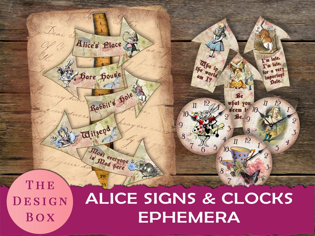 Alice Signs & Clock, Printable Ephemera, Wonderland, Alice Journal, Tea ...