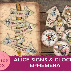 Signes d'Alice et éphémères d'horloge, éphémères imprimables d'Alice, éphémères d'Alice au pays des merveilles, journal d'Alice au pays des merveilles, journal indésirable d'Alice, thé