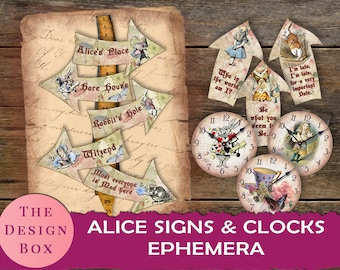 Può includere: Set di cartelli e orologi stampabili a tema Alice nel Paese delle Meraviglie. I cartelli presentano citazioni dal libro, come "Chi sono io nel mondo?" e "Sono in ritardo, sono in ritardo, per un appuntamento molto importante." Gli orologi rappresentano Alice, il Coniglio Bianco e il Cappellaio Matto.