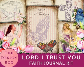 May include: A digital collage kit for journaling with a pink, white, and blue color scheme. The kit includes images of angels, butterflies, flowers, a cross, and a dove. The text "Lord, I Trust You" is featured on one of the images. The kit is titled "Lord I Trust You Faith Journal Kit".