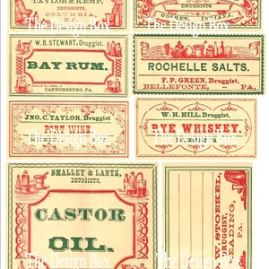 Pu&ograve; includere: Nove etichette di farmacia vintage con bordi rossi e verdi. Le etichette sono per Glicerina, Sali di Epsom, Rum di Baia, Sali di Rochelle, Vino Porto, Whisky di Segale, Olio di Ricino e due etichette vuote. Le etichette sono stampate su uno sfondo crema.