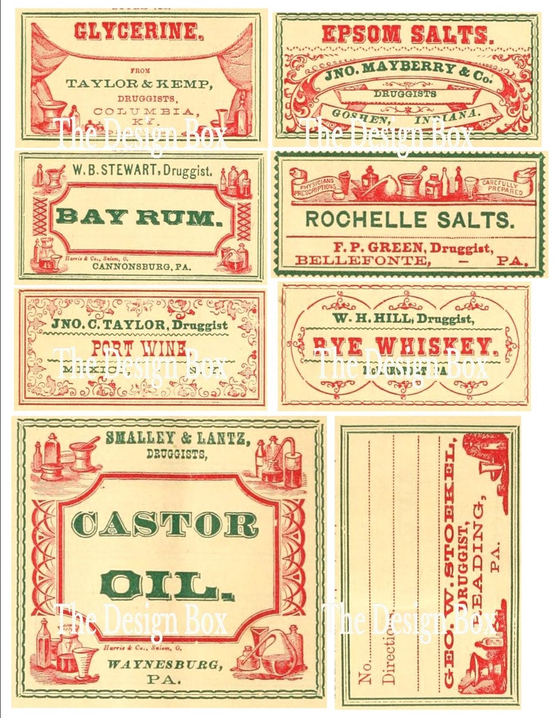 Pu&ograve; includere: Nove etichette di farmacia vintage con bordi rossi e verdi. Le etichette sono per Glicerina, Sali di Epsom, Rum di Baia, Sali di Rochelle, Vino Porto, Whisky di Segale, Olio di Ricino e due etichette vuote. Le etichette sono stampate su uno sfondo crema.